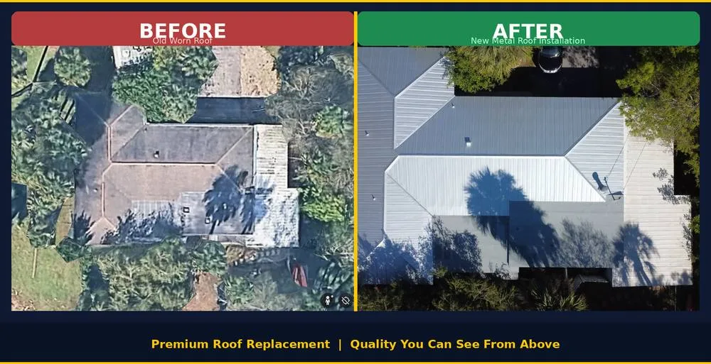 Before and after — worn shingle roof replaced with a new metal roof