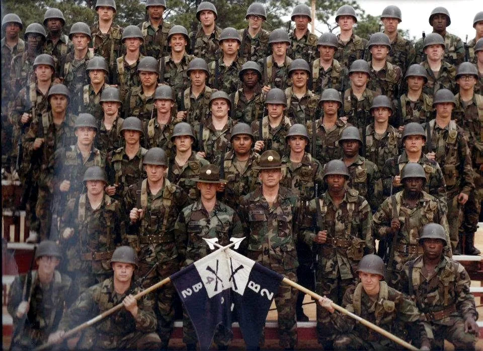 Basic training graduating class with company guidon