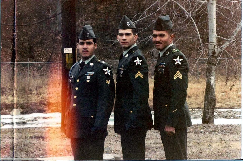 Alex and two NCOs in Army dress greens, Korea