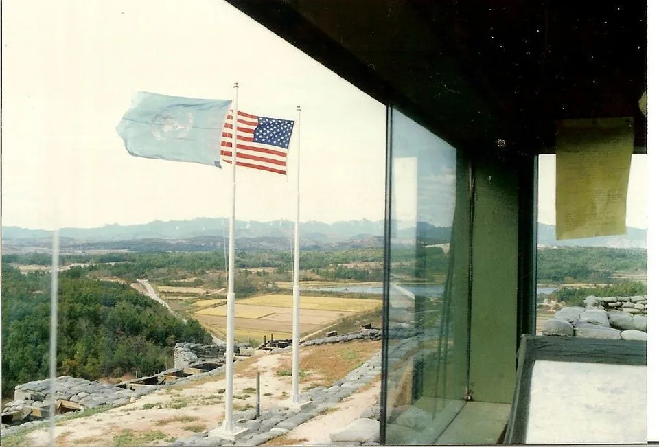 View from the observation post over the DMZ — UN and US flags