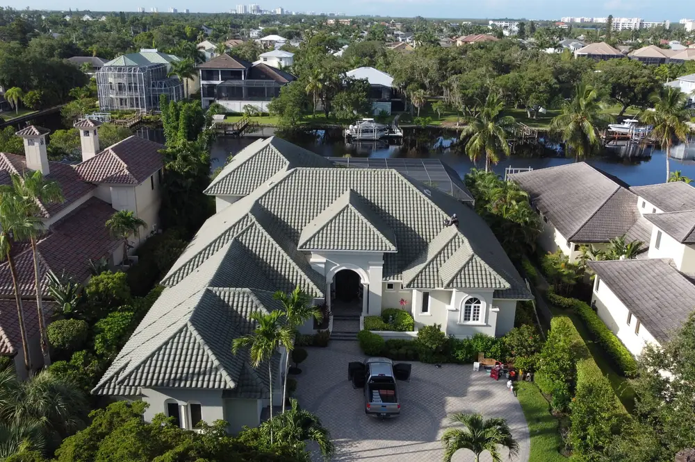 Aerial view of a completed tile roof replacement